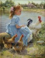 young girl with rooster and two hens pet kids